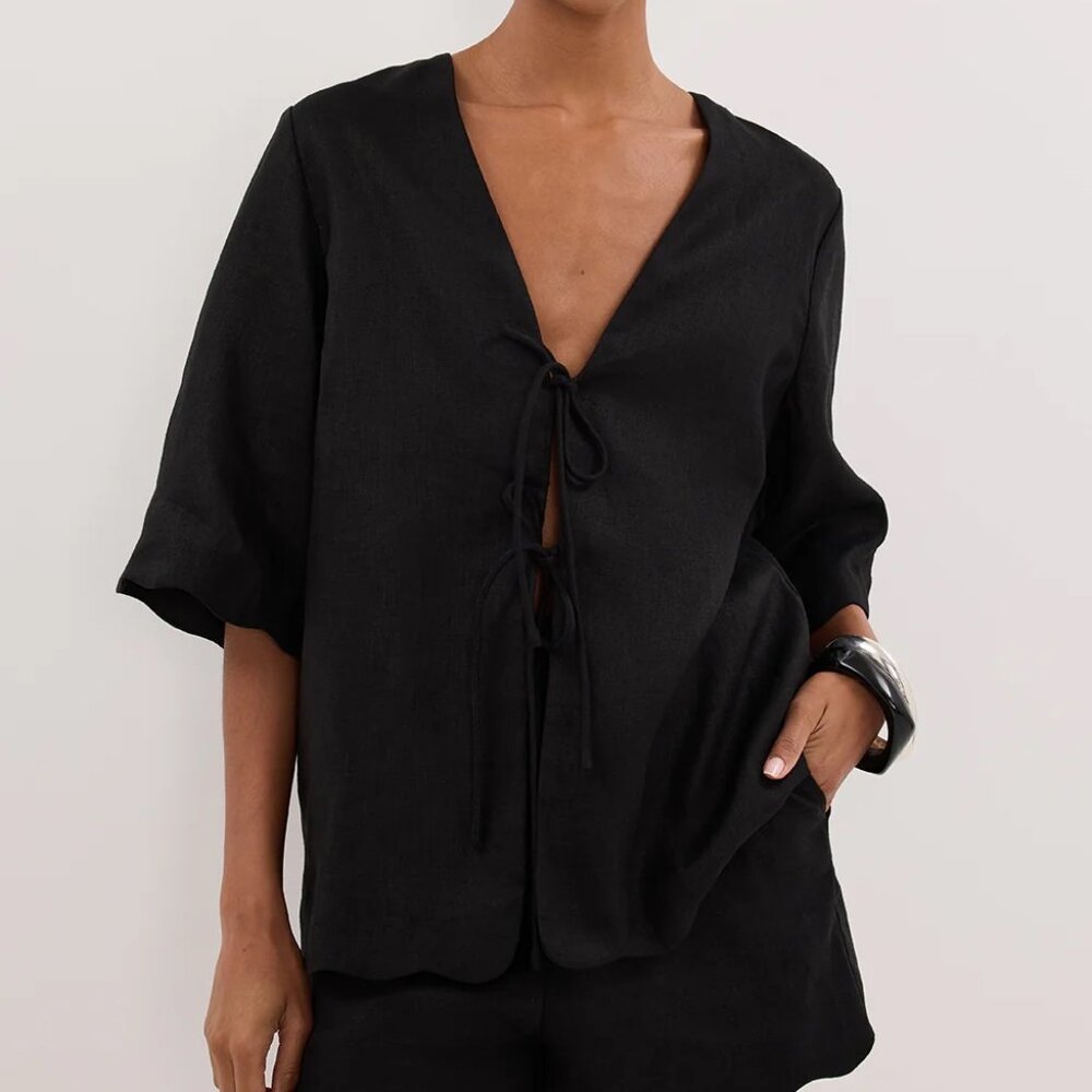 New DISSH Lela Black Short Sleeve Linen Shirt - Picture 2 of 4